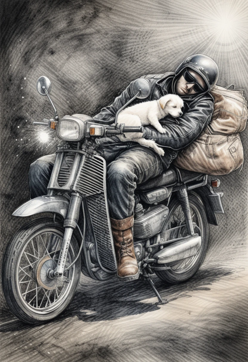 Motociclista dormindo com filhote em ilustração a tinta
