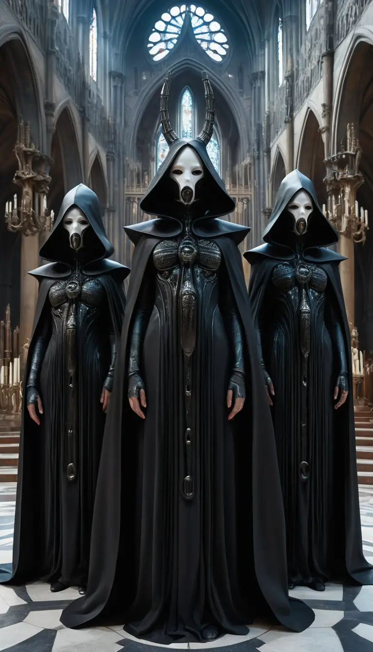 Alta-sacerdotisa em catedral viva de látex com assistentes