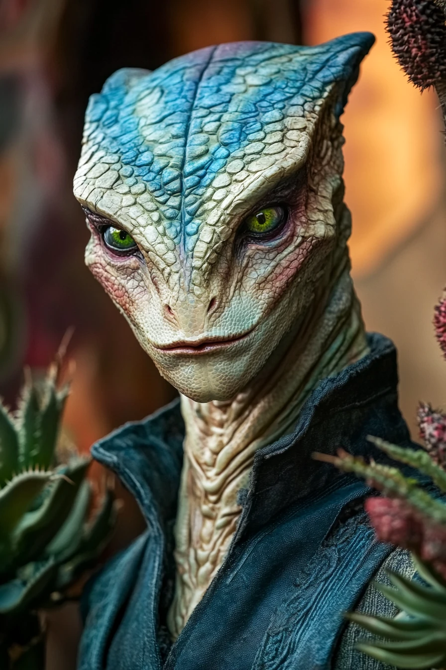 Portrait en gros plan d’un alien reptilien stylisé avec maquillage