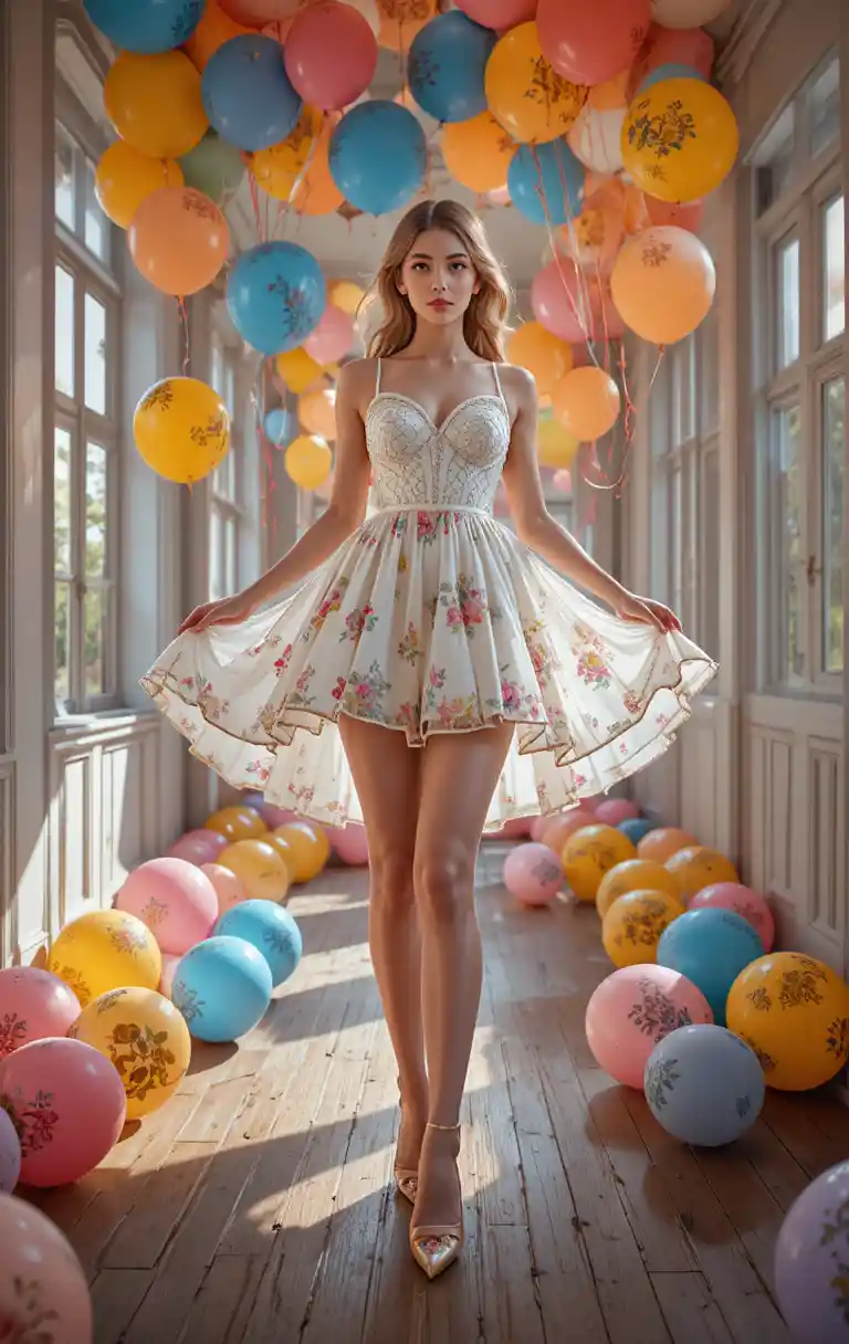 Donna con abito bianco a frange e palloncini nel corridoio