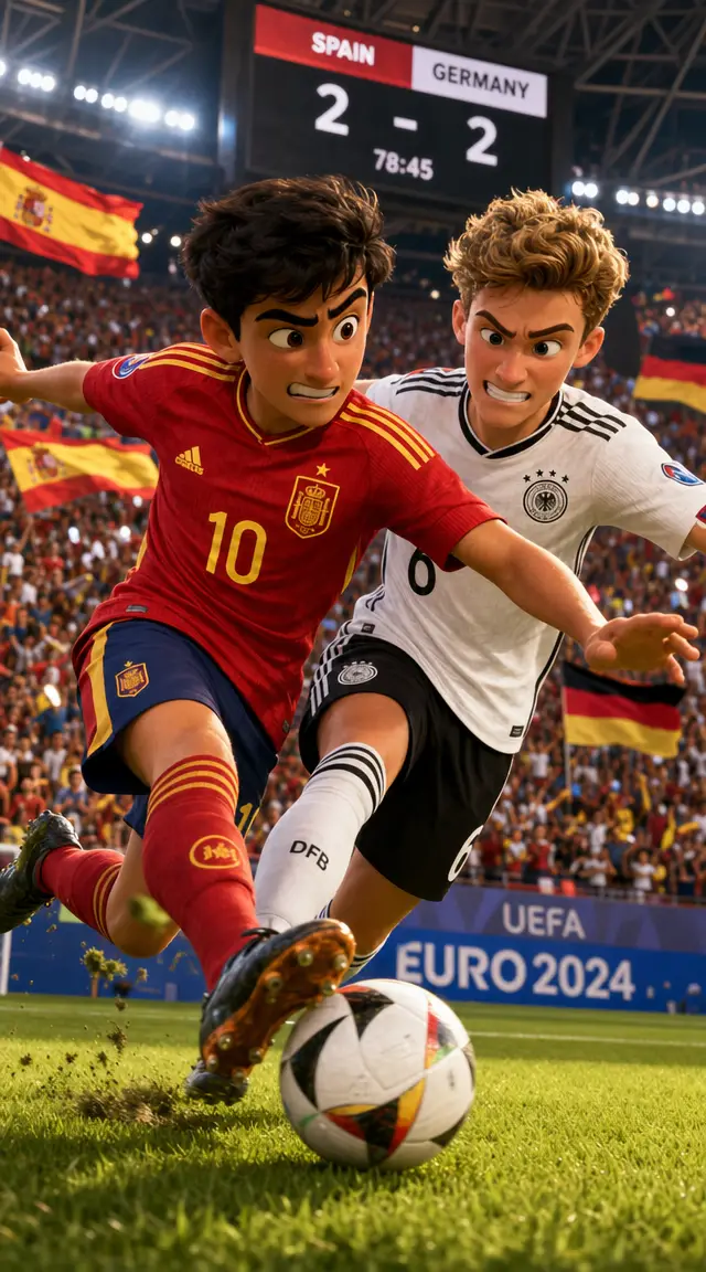 Intensives Fußballduell zwischen Spanien und Deutschland im Stadion