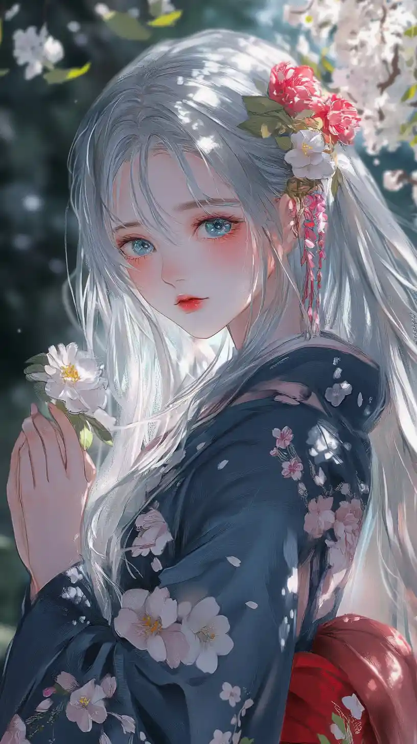 Fille d’anime en kimono floral tenant des fleurs blanches