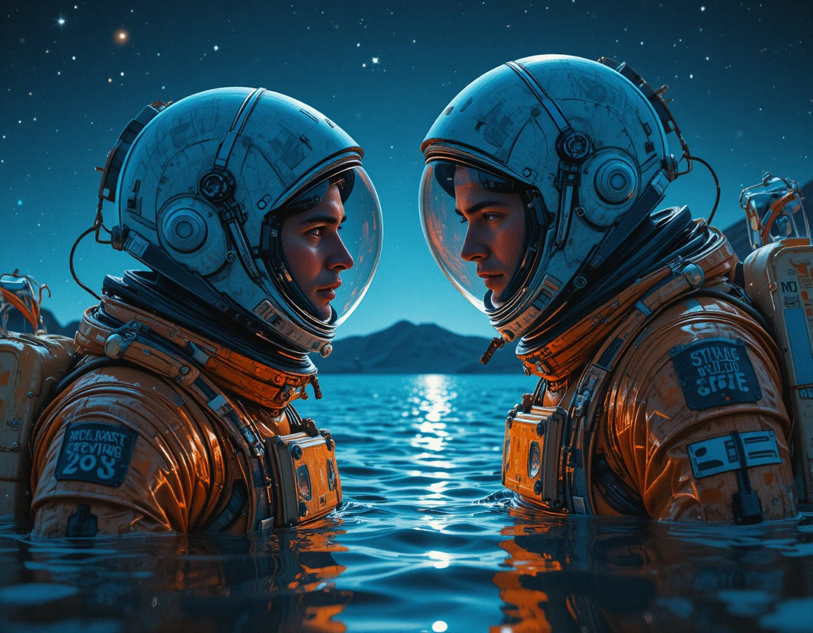 星空の下、暗い海に浮かぶ宇宙飛行士