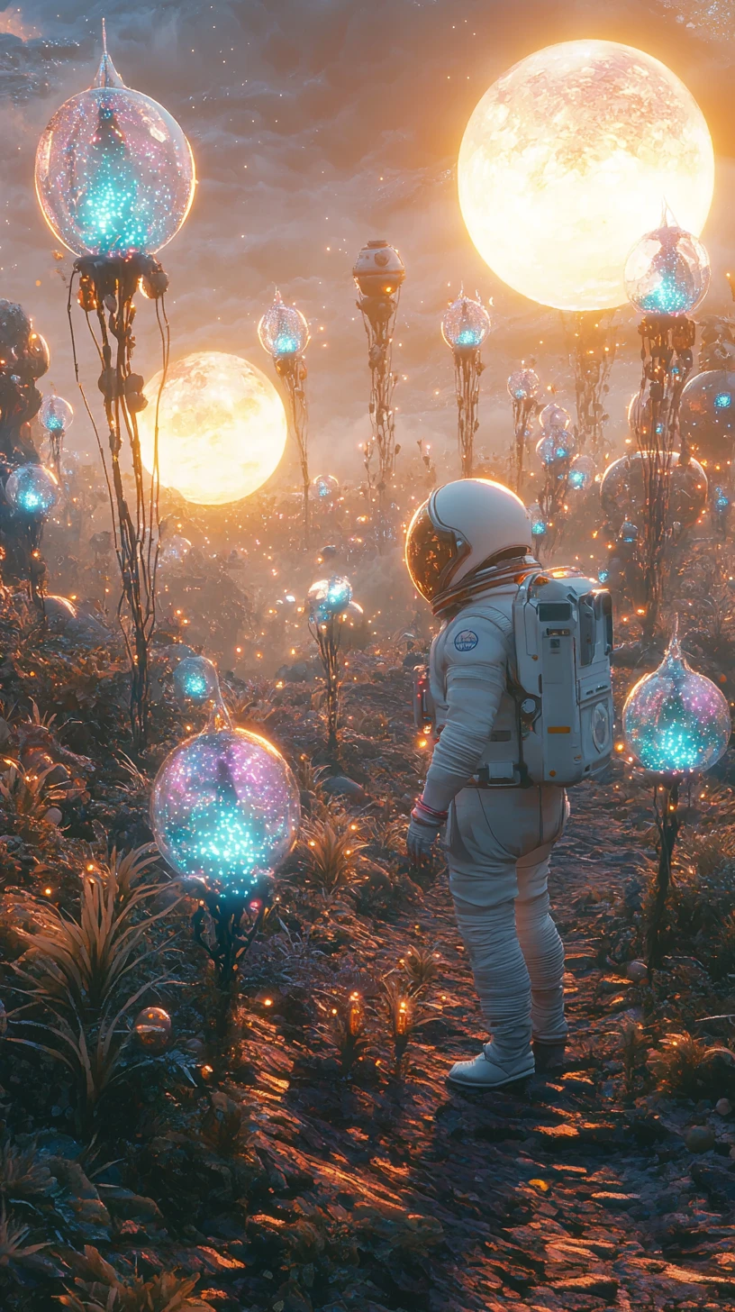 Astronaut wandert allein durch leuchtende außerirdische Landschaft