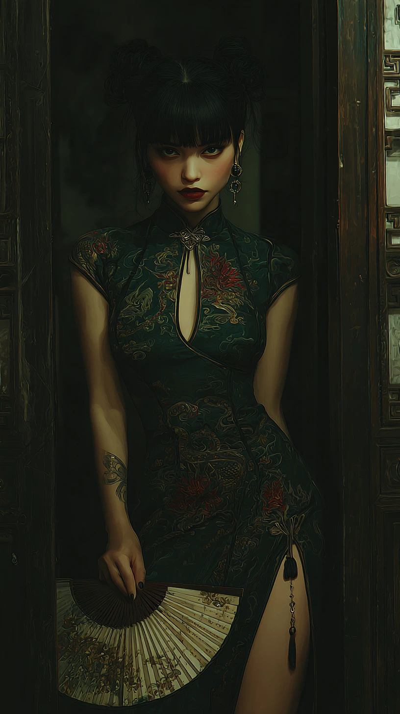 Mulher de fantasia sombria em qipao esmeralda com leque