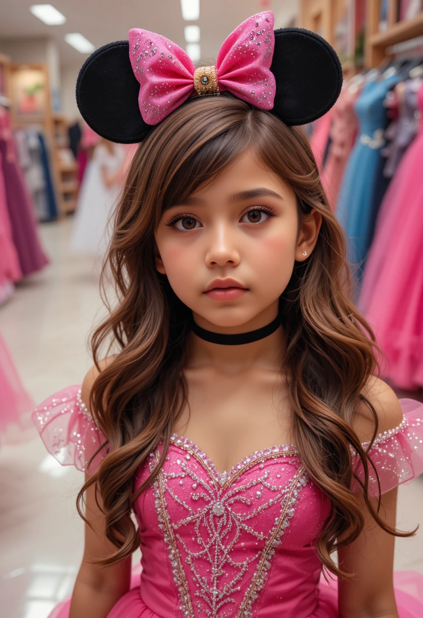 Jovem princesa com vestido rosa da Minnie em boutique