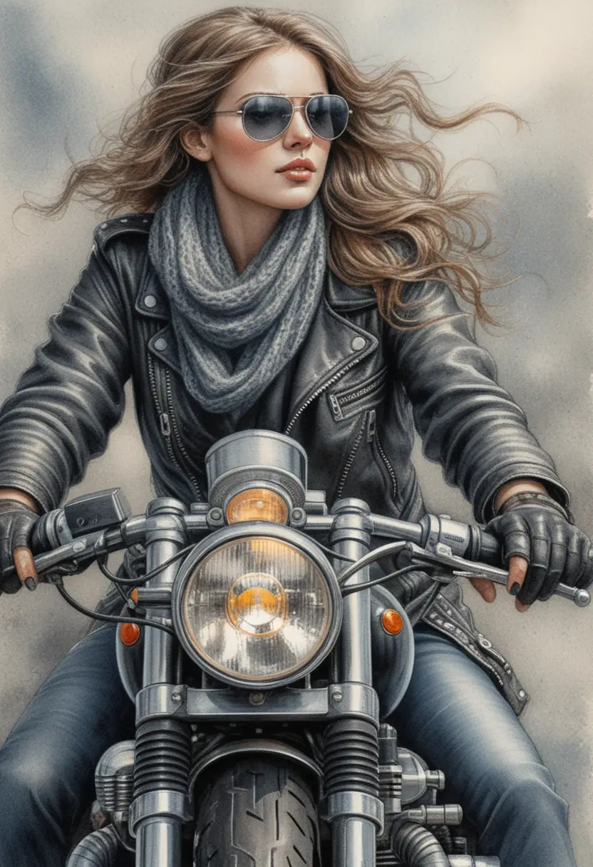 Woman riding a vintage motorcycle toward the viewer
