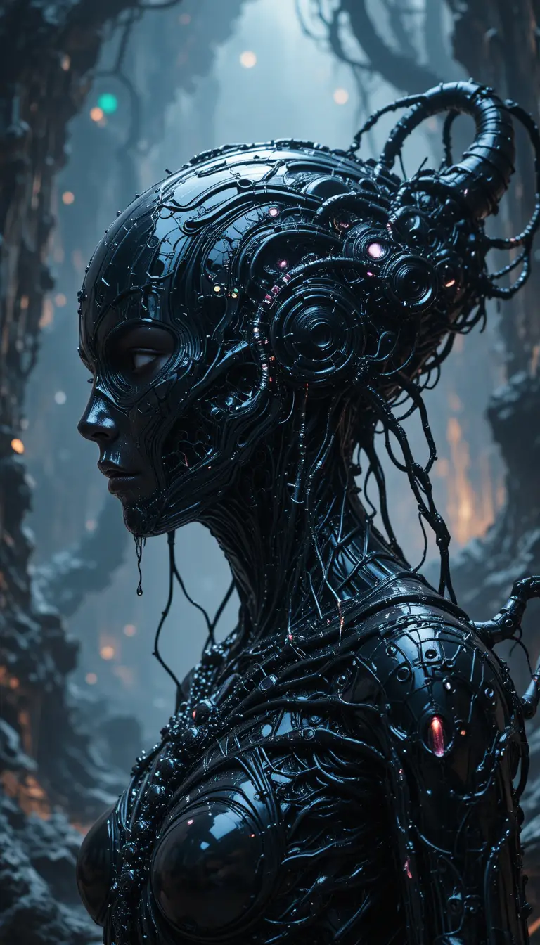 Creature biomeccaniche biopunk in un mondo organico surreale