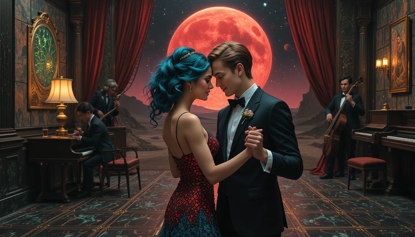 Casal romântico dançando bem juntinho em um salão de baile vintage à meia-luz