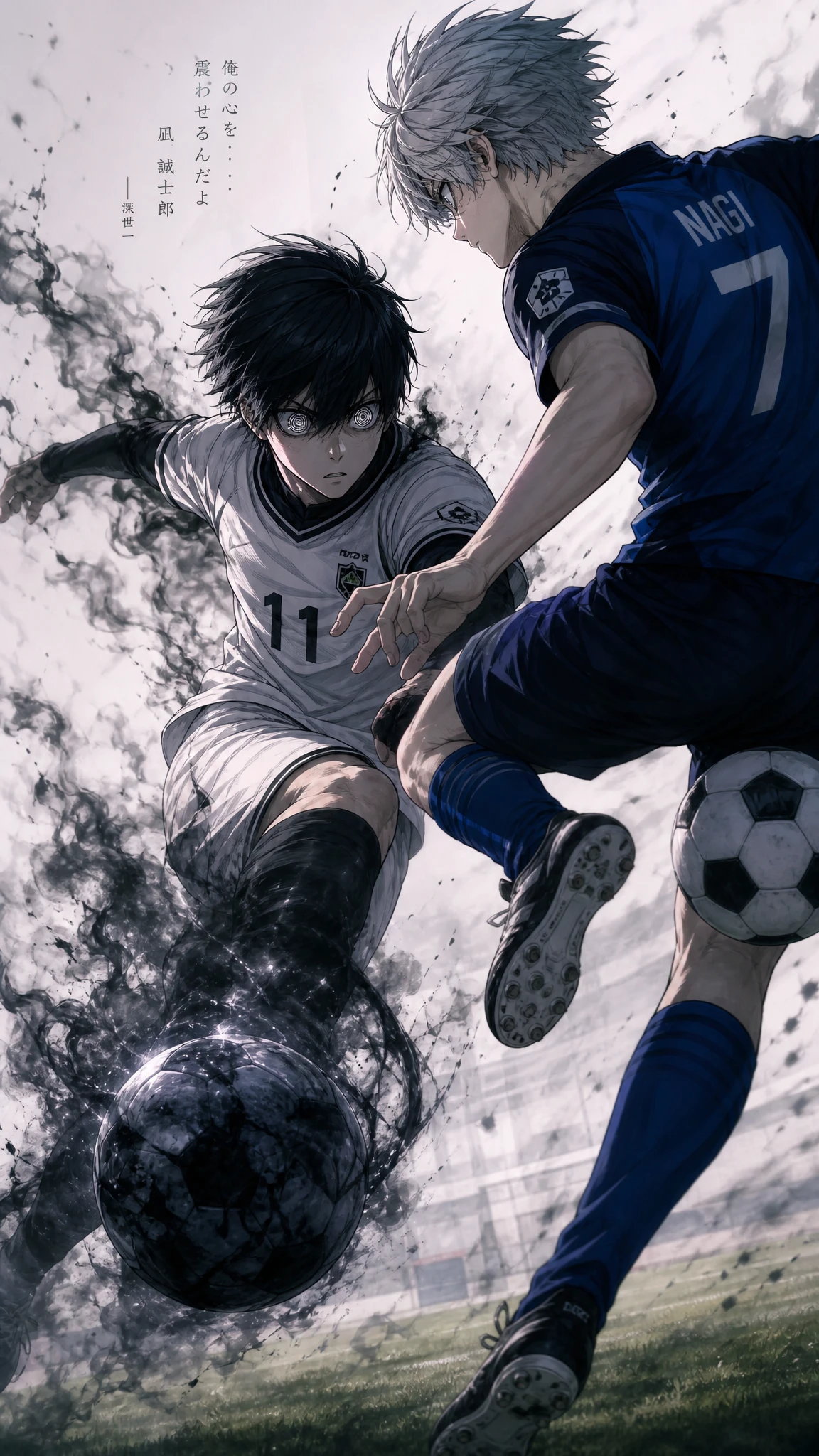 Jogador de anime de cabelos escuros salta para chutar a bola de futebol