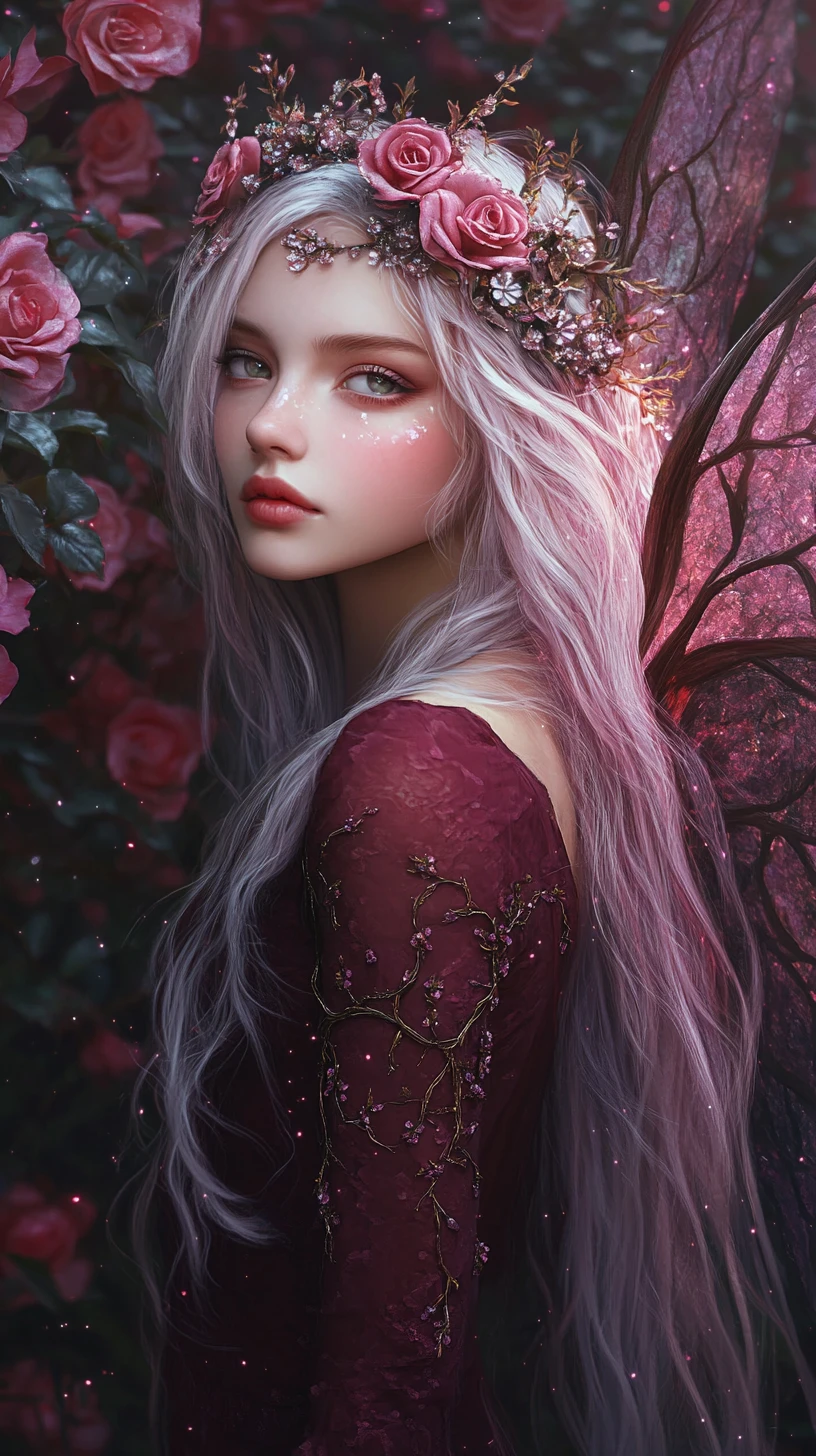 Regina fata eterea in una foresta oscura di rose