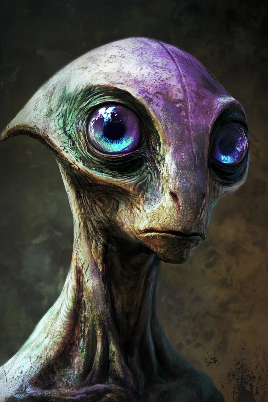 Retrato de alienígena de seis olhos com olhos azuis brilhantes na sombra