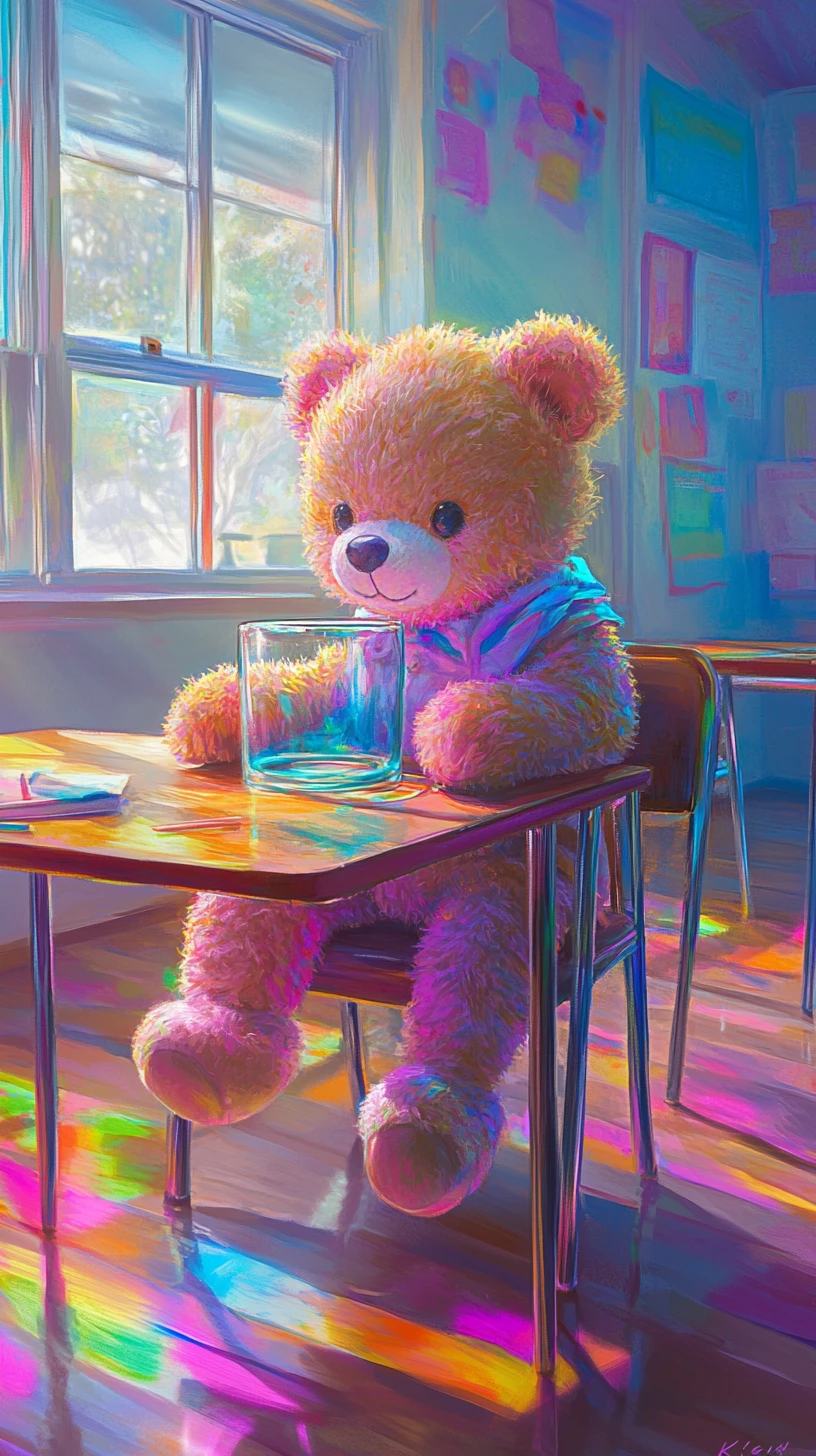 Urso de pelúcia fofo com óculos em uma carteira escolar colorida