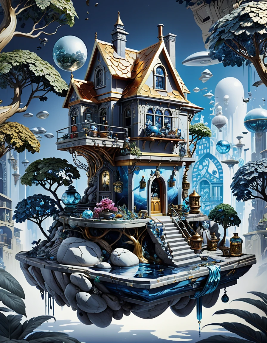 Casa de pedra em miniatura em um diorama de ilha flutuante