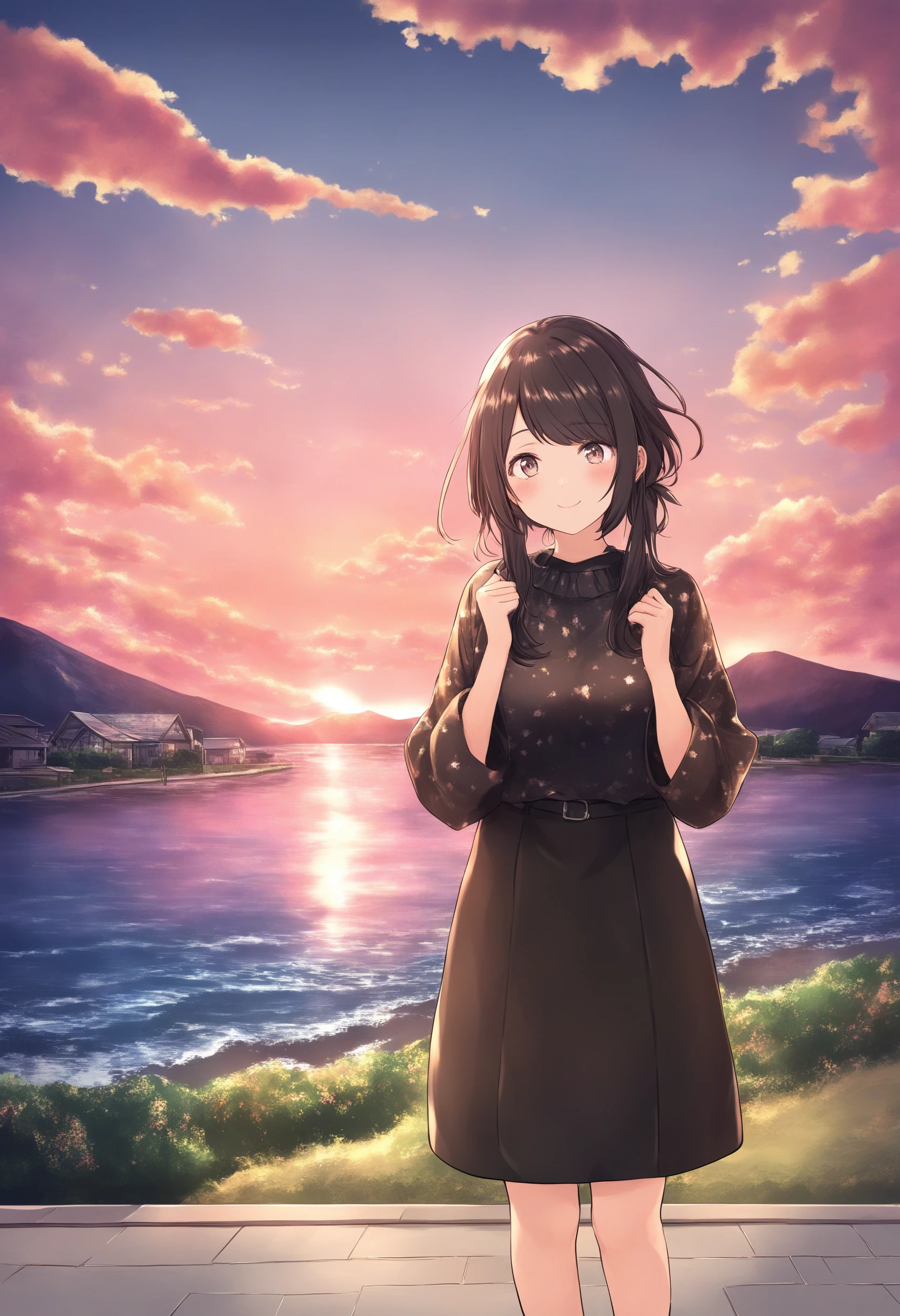 Fille d’anime debout pour une cérémonie devant une maison