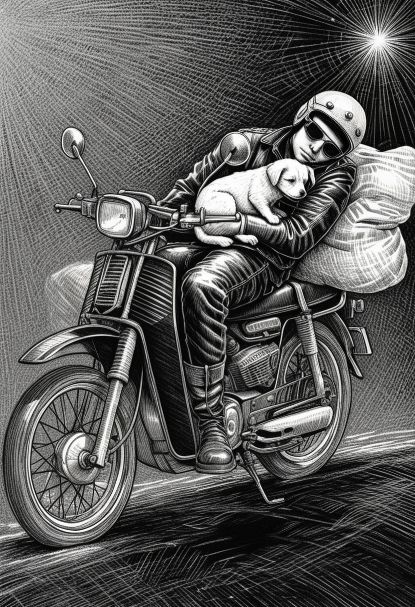 子犬と一緒にヴィンテージバイクで眠る疲れたバイカー