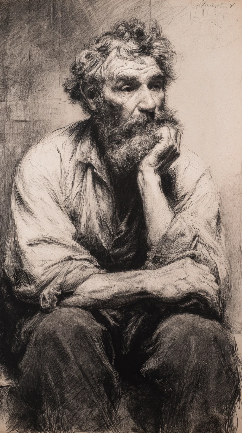 Retrato em carvão de um idoso contemplativo com sombras dramáticas