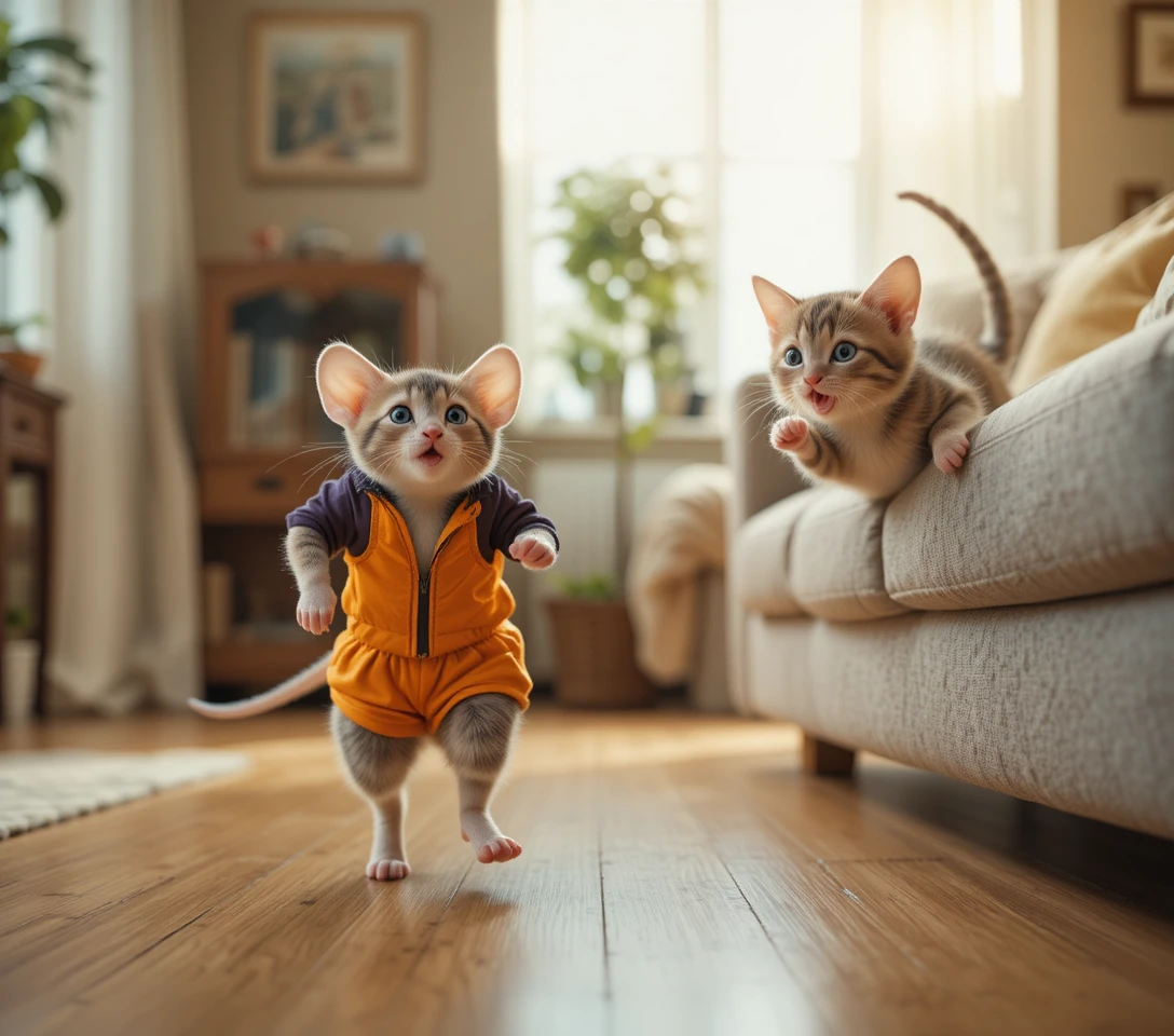 Gatinho brincalhão saltando do sofá em direção a um minúsculo rato corredor