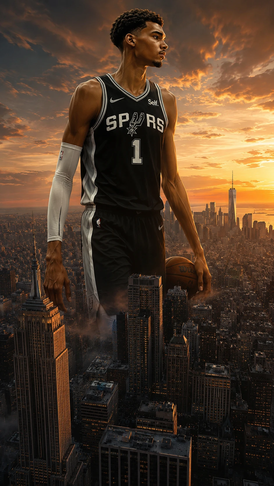 Giant basketball player towering over New York City at sunset