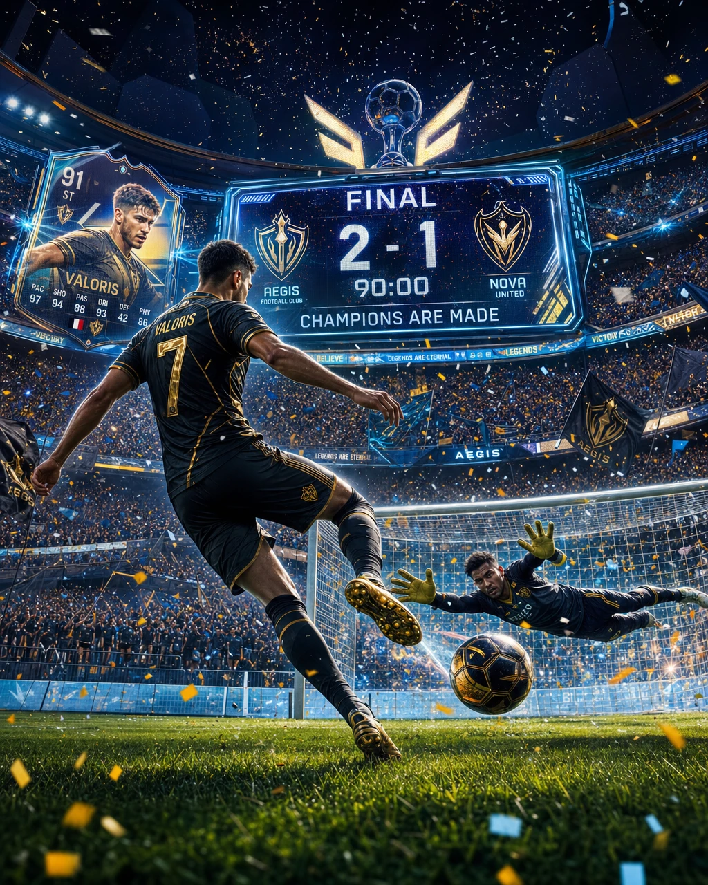 Gol heróico de futebol em um estádio futurista lotado de torcedores