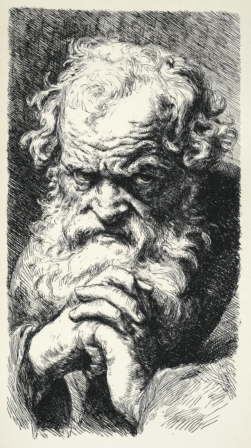 Retrato gravado de um senhor pensativo em profunda reflexão