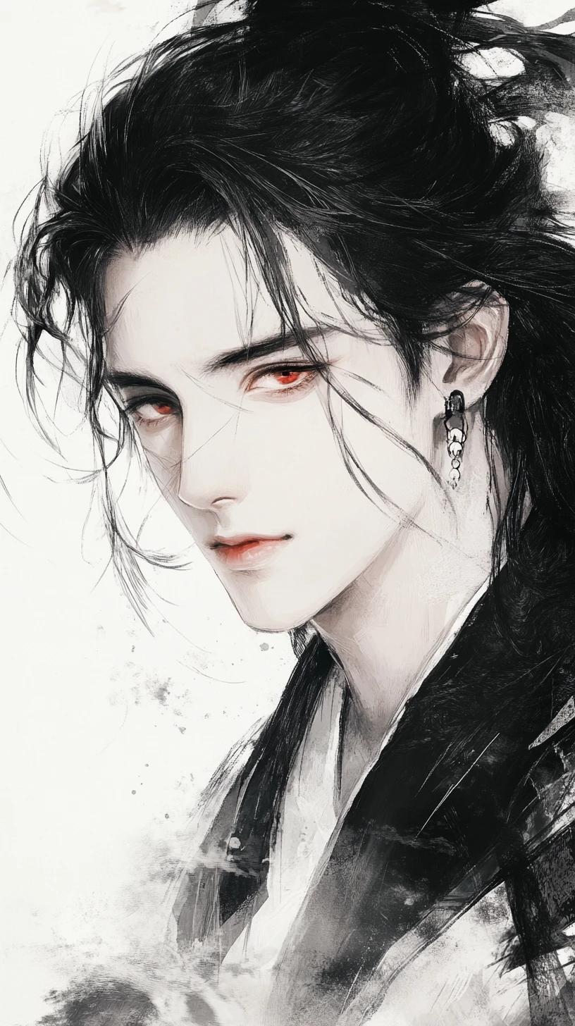 Retrato Etéreo de Homem em Anime com Olhos Vermelhos Penetrantes