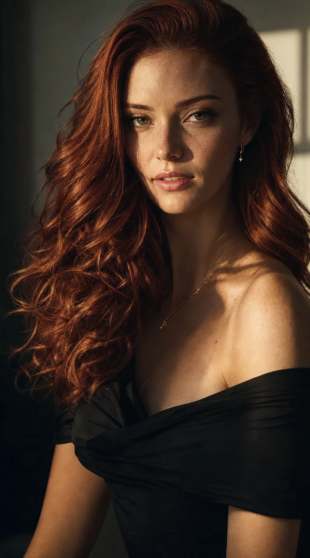 Giovane donna alla luce del sole con fluenti capelli rossi