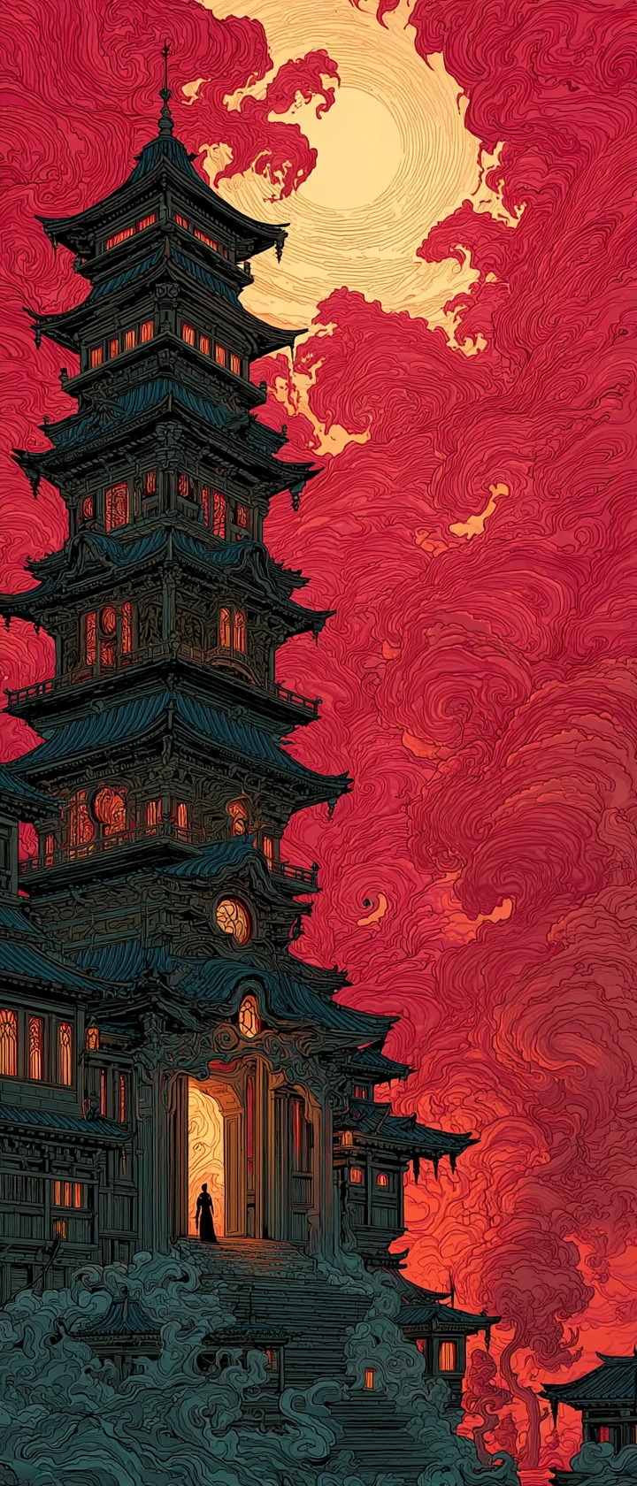 Spirito kitsune anime che sorge da una colossale lanterna del tempio