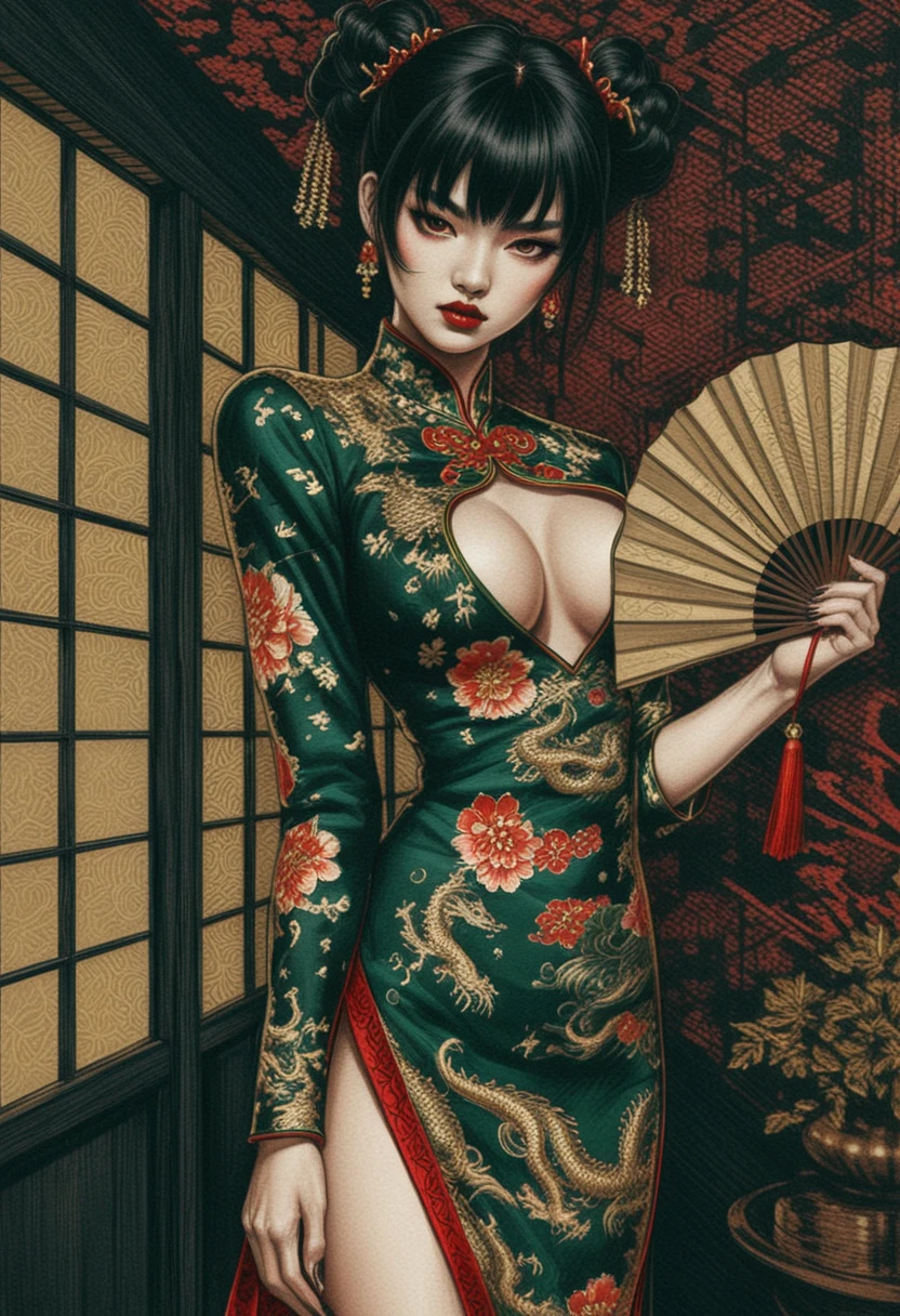 Mulher de fantasia sombria em qipao esmeralda com leque
