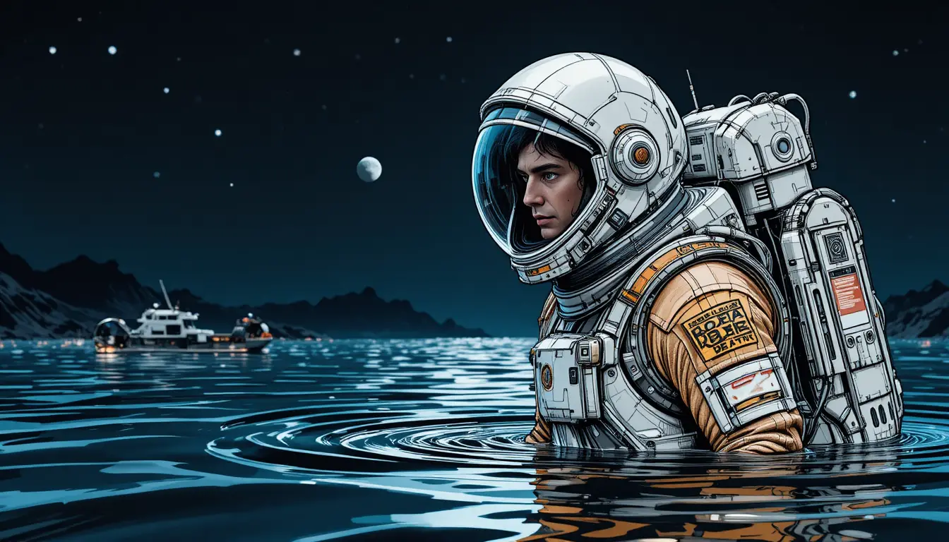 Astronaut Floating In Dark Ocean Under Starry Night Sky