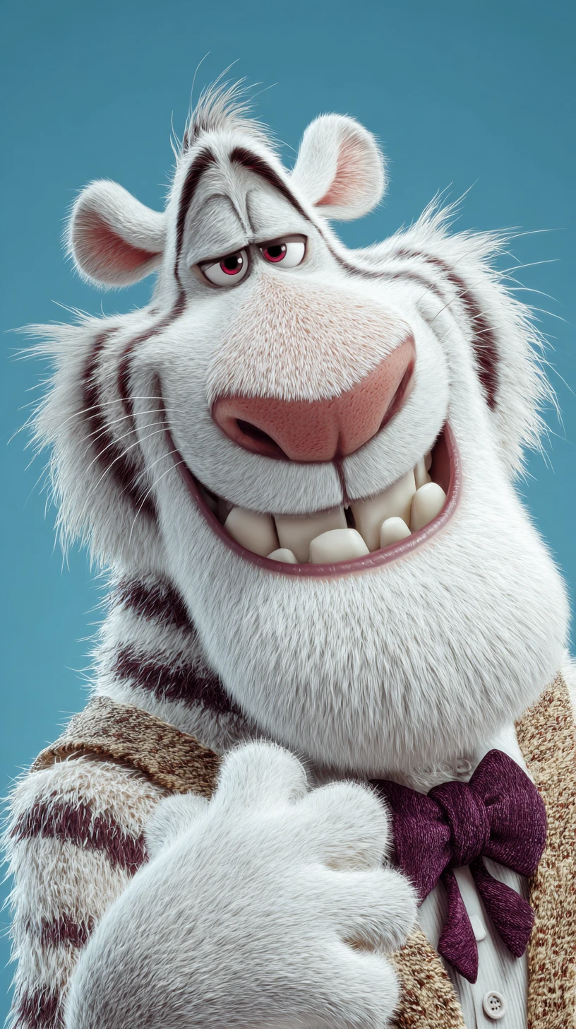 Close-up de um tigre branco antropomórfico travesso sorrindo