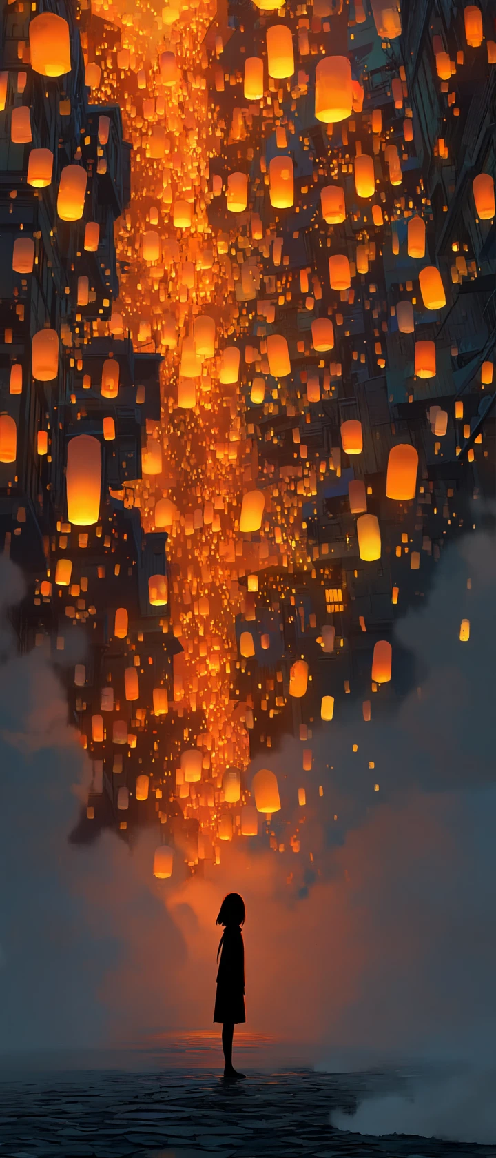 Fille d’anime regardant des lanternes lumineuses s’élever dans le ciel