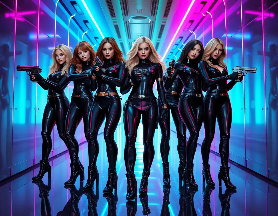 Mujeres futuristas con trajes de látex en un corredor sci‑fi de neón