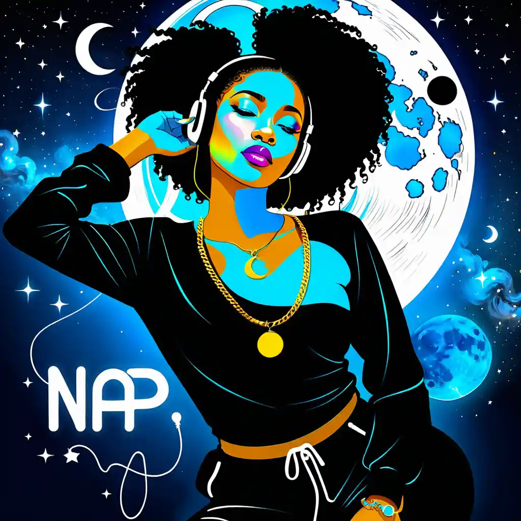 Femme noire flottant dans l’espace avec un bijou chaîne-lune
