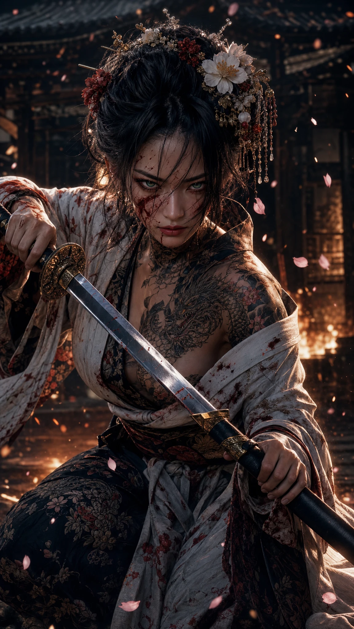 Samurai feminina feroz desembainhando a katana entre pétalas que caem