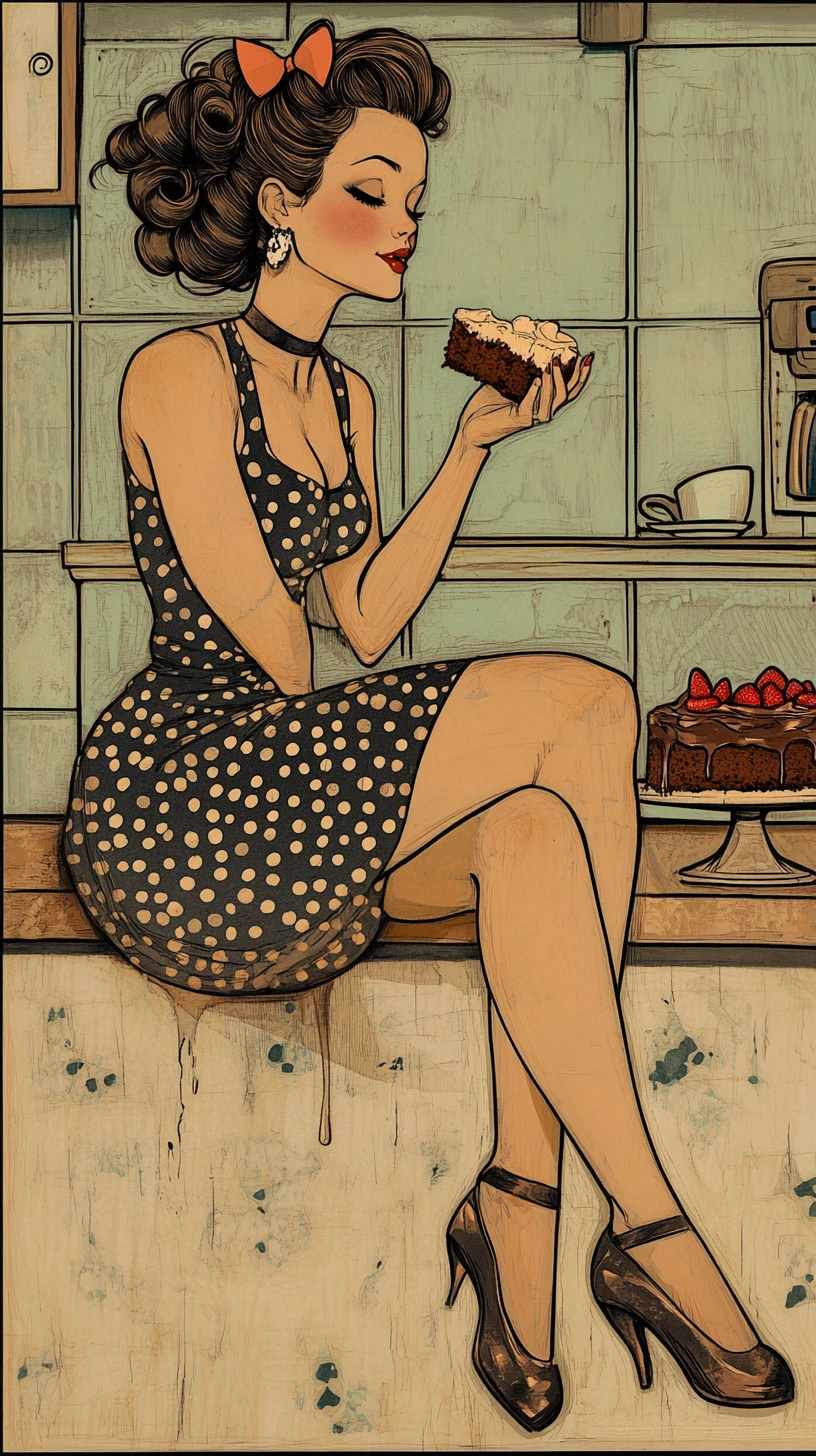 櫃檯上與巧克力蛋糕的棕髮 pin-up 復古女孩