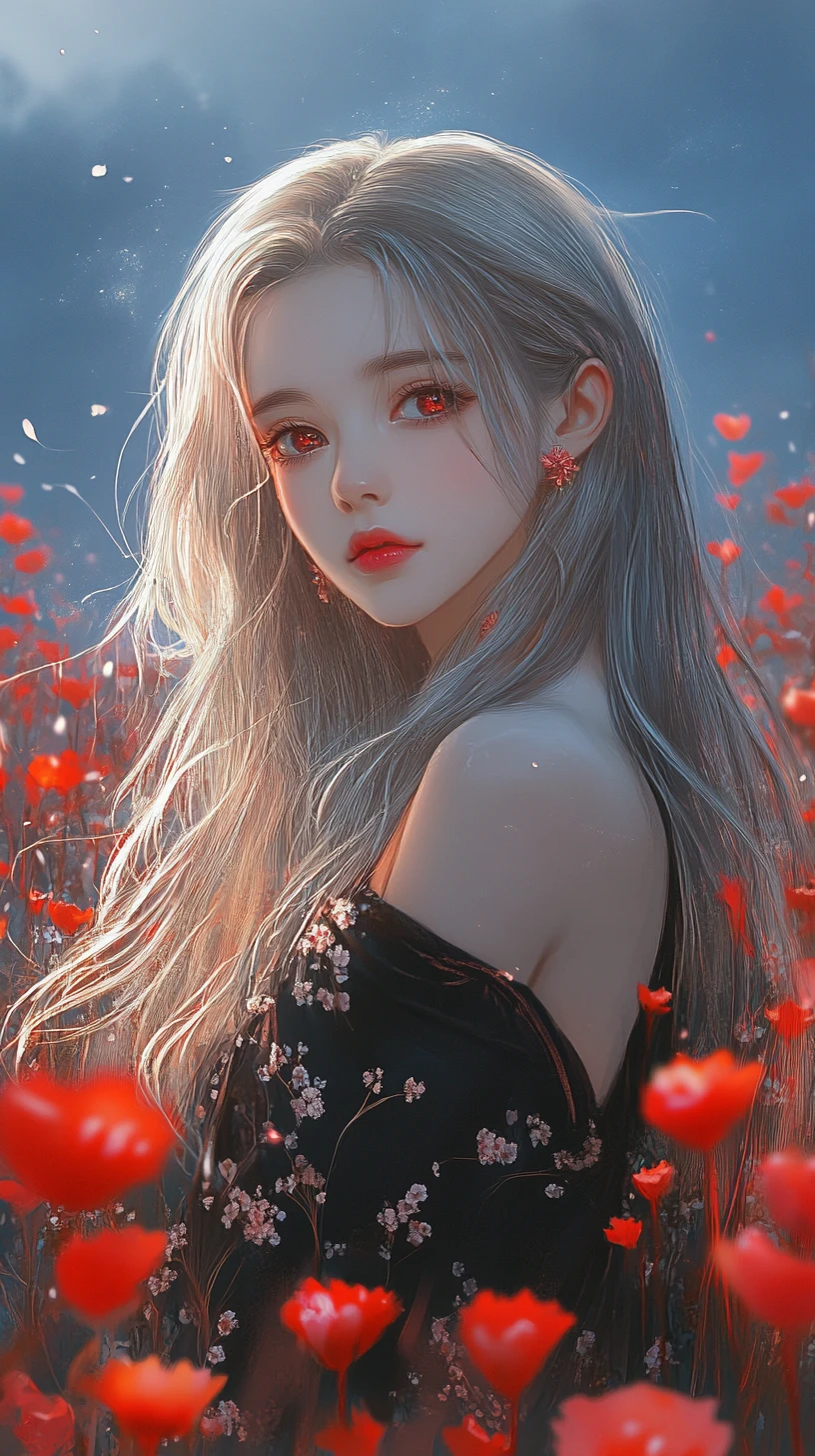 노을 지는 붉은 석산 꽃밭의 은발 애니메이션 여성