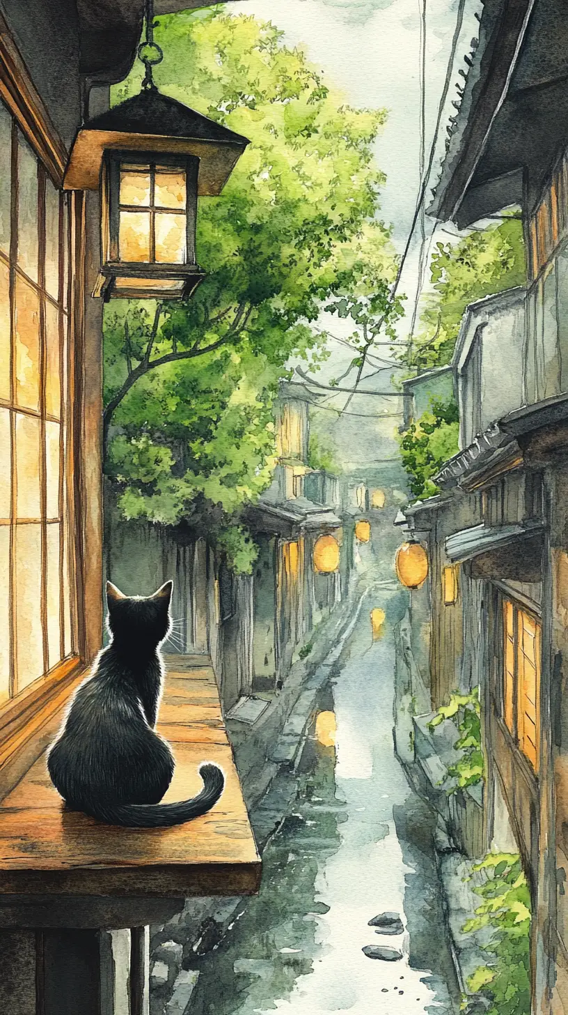 Chat noir sur un rebord de fenêtre en bois dans une ruelle japonaise sous la pluie