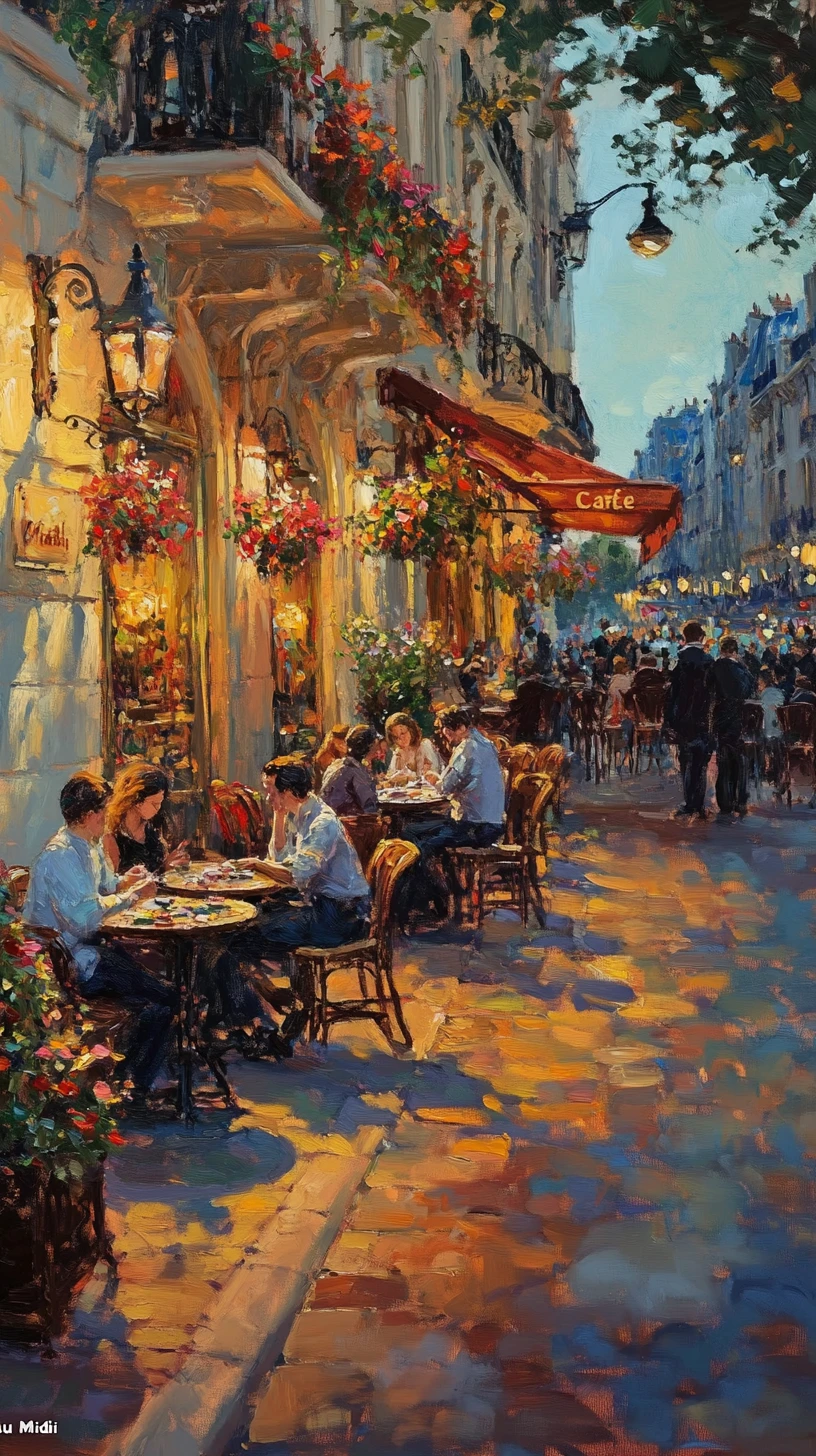 Café de rue parisien à l’heure dorée avec terrasse animée