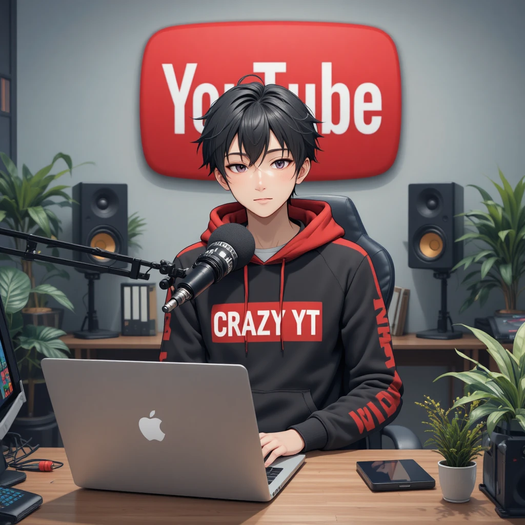 Garçon streamer d’anime à un bureau d’ordinateur avec microphone