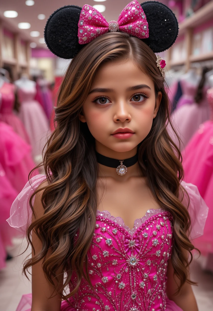 Menina jovem com vestido rosa da Minnie em uma boutique
