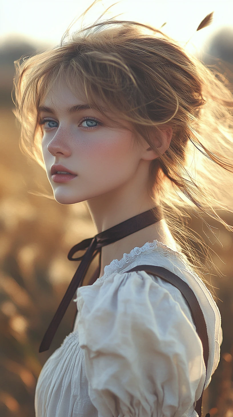 Jeune fille blonde de profil, rayonnant dans la douce lumière du soleil sur le champ