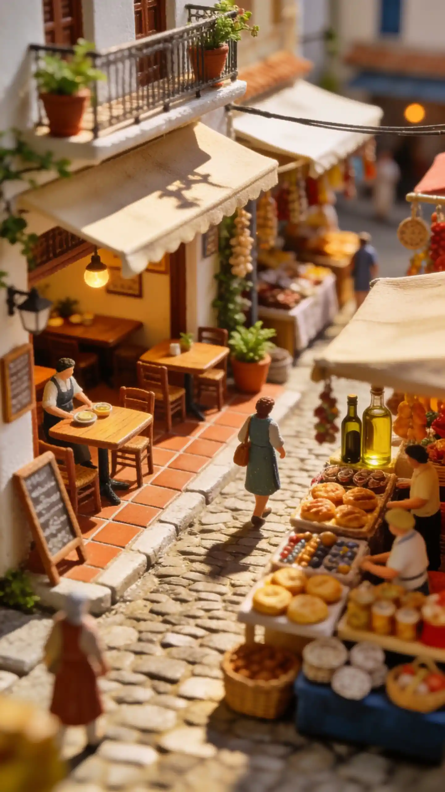 Miniature People In A Cozy Greek Cafe Street Market