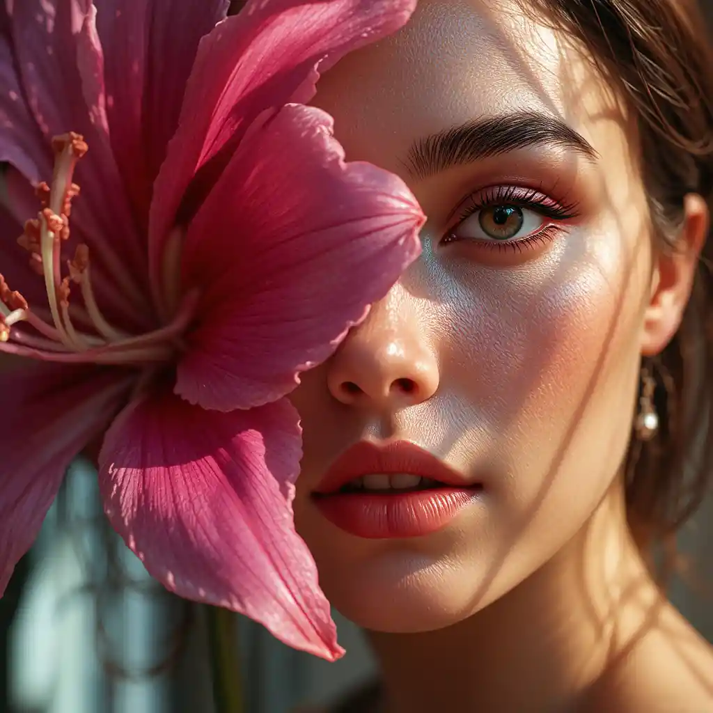 Extreme close up beauty portrait with pink lily flower