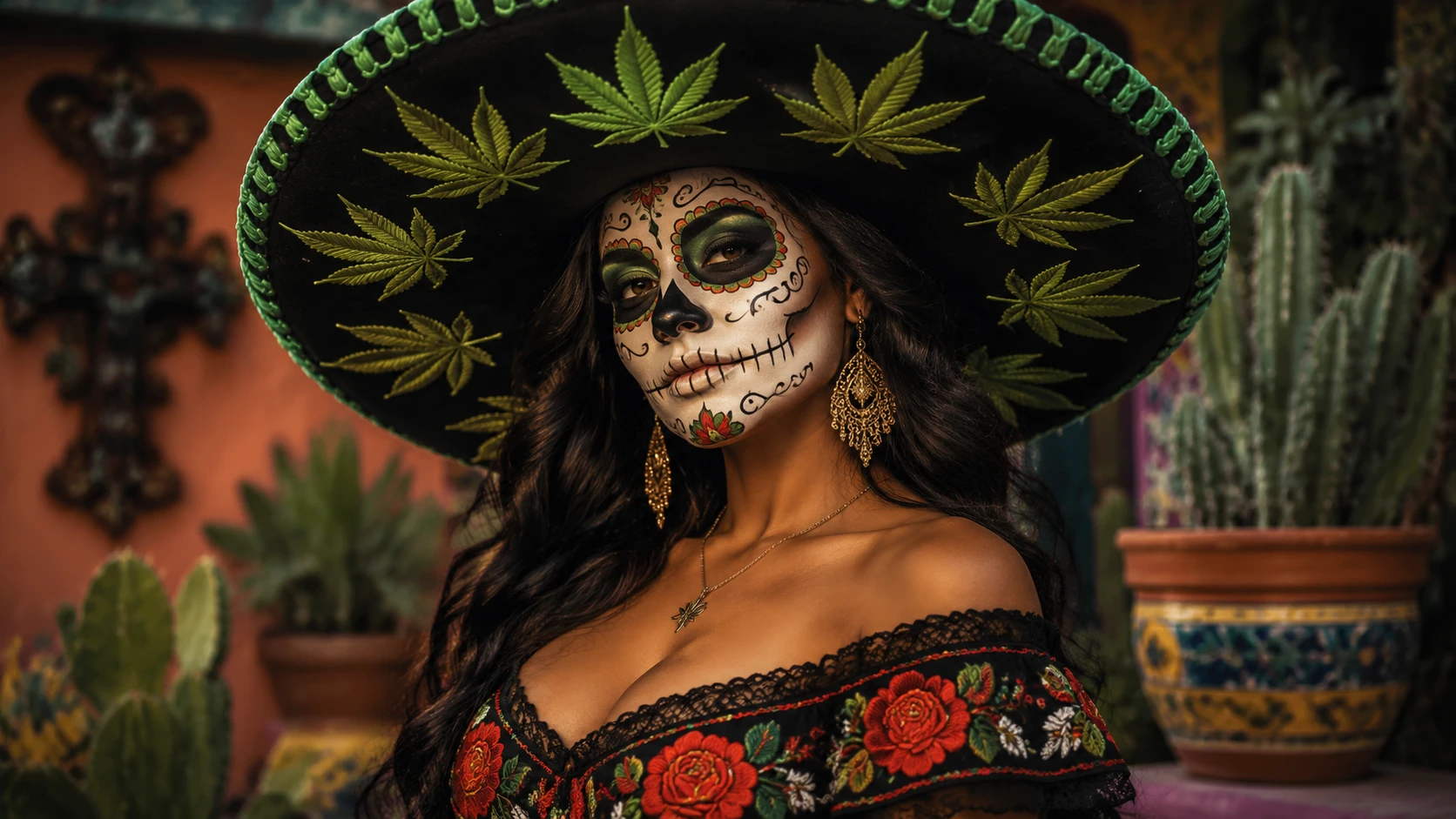 Mujer mexicana con sombrero y maquillaje de Catrina del Día de los Muertos
