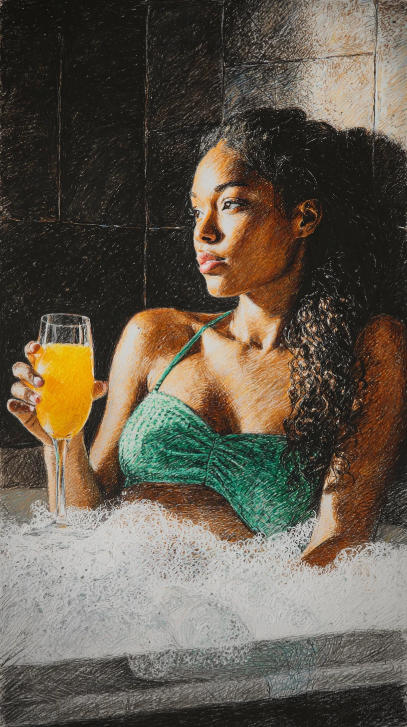 Mulher negra relaxando em uma banheira cheia de espuma com taça de vinho