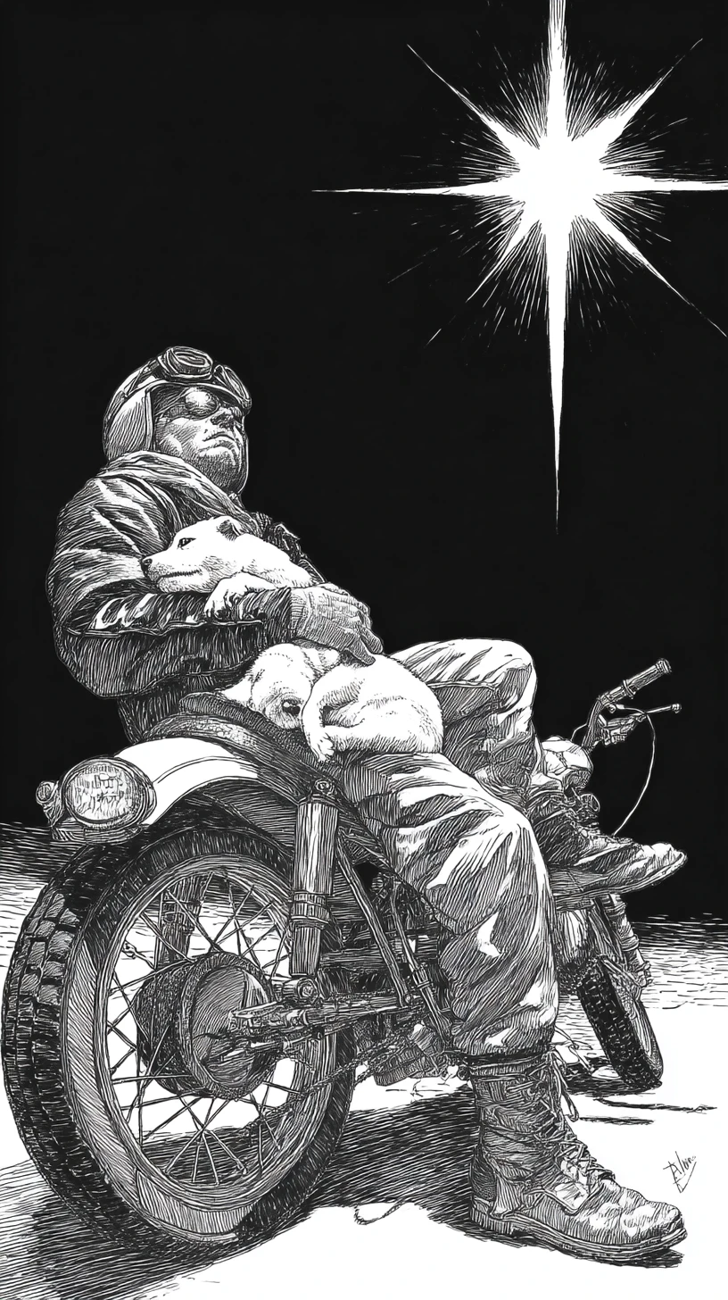 Motociclista cansado dormindo em moto vintage com filhote