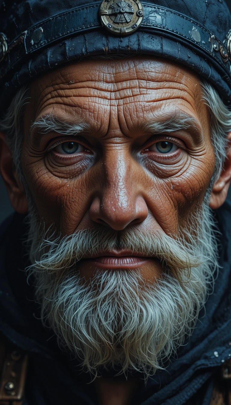 Retrato de velho marinheiro envelhecido em óleo texturizado com chiaroscuro