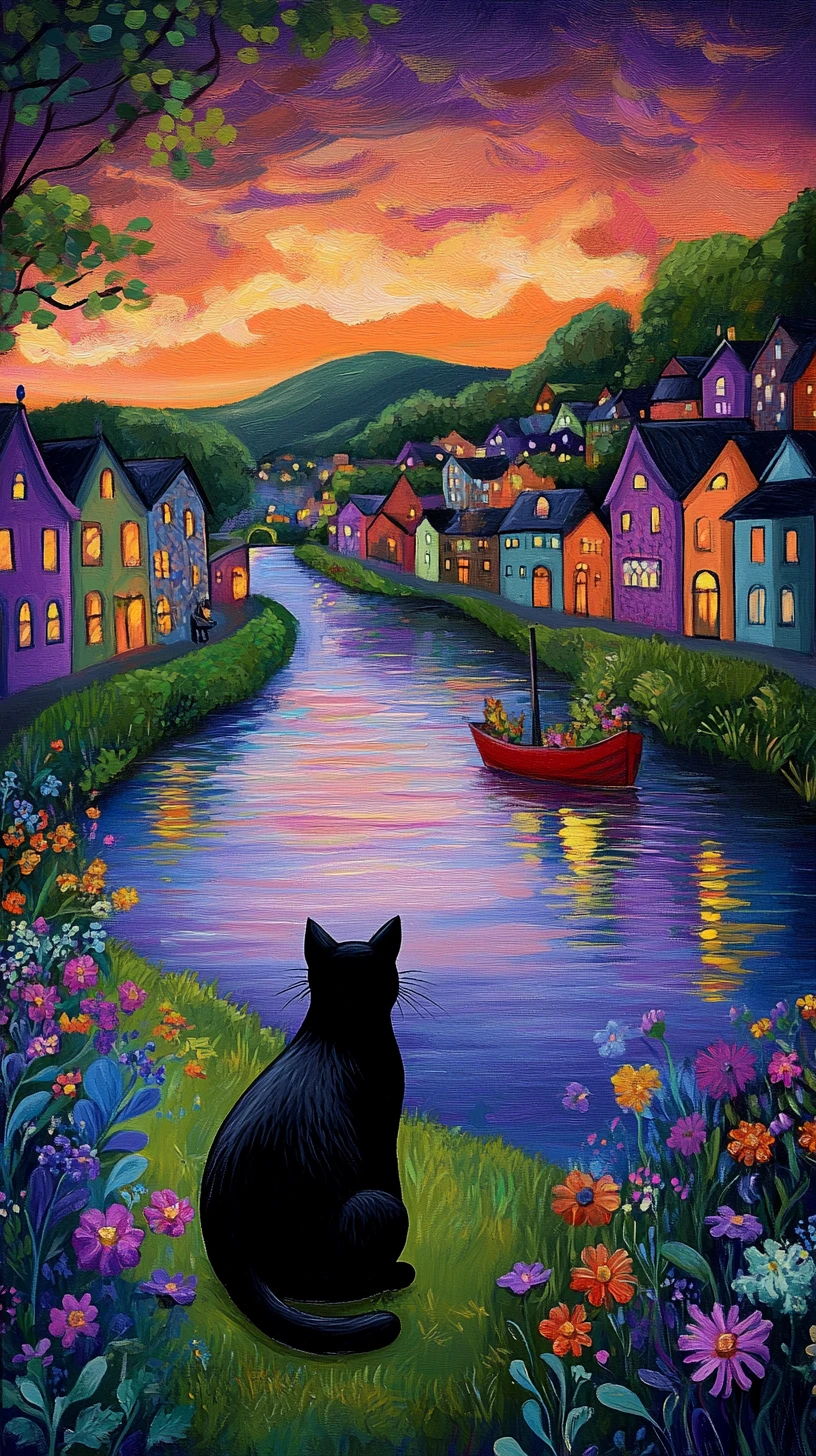 Gato negro junto a un río al atardecer con casas coloridas