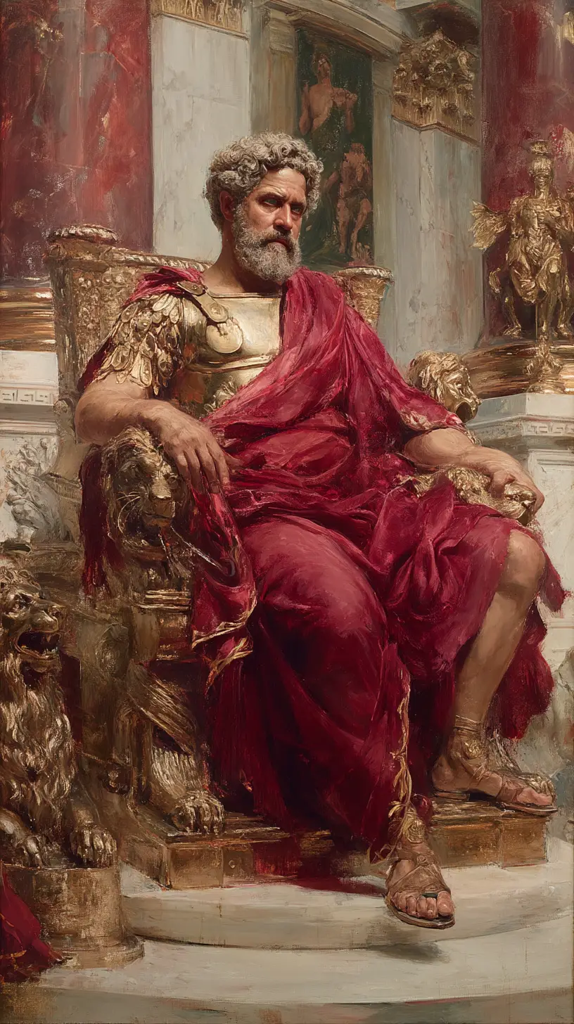 Roman emperor on bronze throne in grand palace